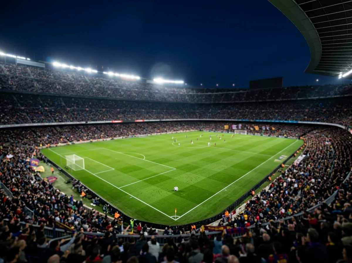 Estadio de fútbol español iluminado de noche durante partido de LaLiga